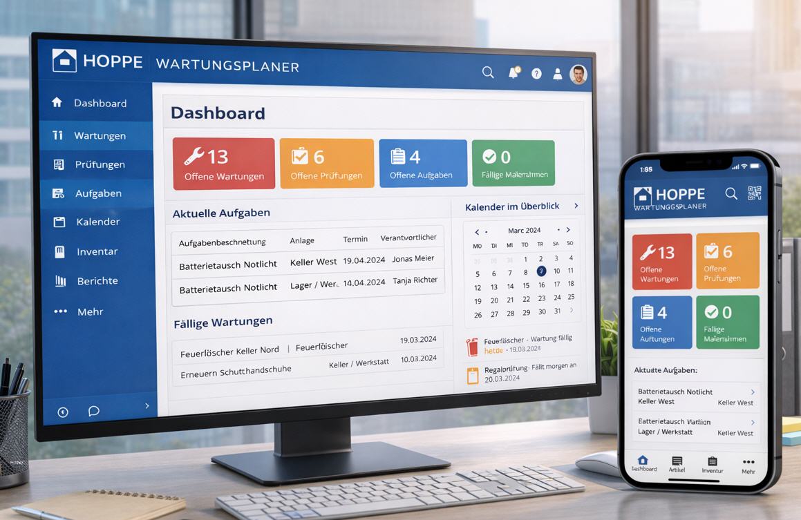 Wartungsplaner Software mit mobiler Wartung-app. F�r die Sicherheitsfachkraft. Arbeitsschutz & Arbeitssicherheit.